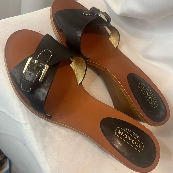 Coach Black and Brown Wedge Sandals with Patent Leather Strap - Picture 3 of 7